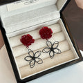 Elegant Vintage Red Rose Acrylic Flower Drop With Black Alloy Floral Charm New Chinese Style Women's Earrings view 4
