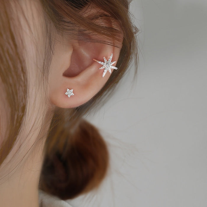 Sparkling Zircon Star Copper Clip-on Earrings Light Luxury Minimalist Ear Cuffs for Women