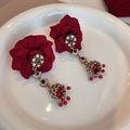 Vintage Red Fabric Flower Alloy Enamel Jhumka Beaded Drop Statement Women's Fashion Earrings view 3