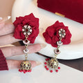 Vintage Red Fabric Flower Alloy Enamel Jhumka Beaded Drop Statement Women's Fashion Earrings view 2