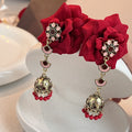 Vintage Red Fabric Flower Alloy Enamel Jhumka Beaded Drop Statement Women's Fashion Earrings view 4