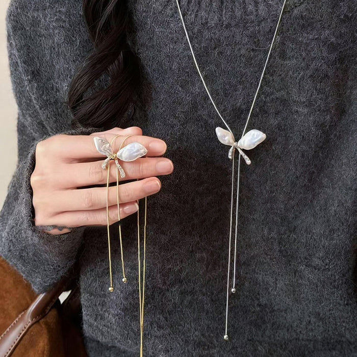 Korean Rhinestone Butterfly Faux Pearl Sweater Necklace Light Luxury Elegant Choker