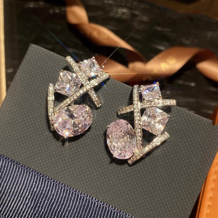 Princess Micro Pave Zircon Geometric Stud Earrings For Women, Irregular Line Style Jewelry