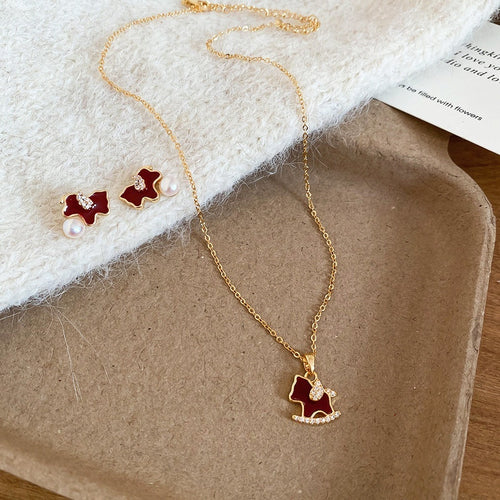 Gold Plated Copper Zircon Horse Stud Earrings And Necklace Jewelry Set For Women Light Luxury Style