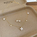 Gold Plated Zircon Flower Faux Pearl Stud Earrings Necklace Jewelry Set Old Money Light Luxury view 4