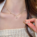 Gold Plated Zircon Flower Faux Pearl Stud Earrings Necklace Jewelry Set Old Money Light Luxury view 1