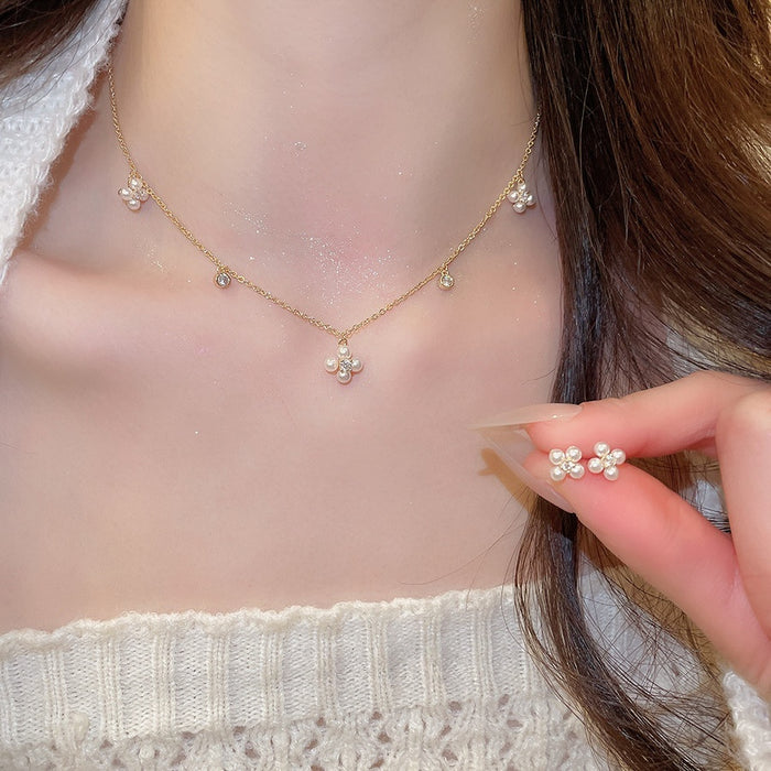 Gold Plated Zircon Flower Faux Pearl Stud Earrings Necklace Jewelry Set Old Money Light Luxury