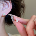 Gold Plated Zircon Flower Faux Pearl Stud Earrings Necklace Jewelry Set Old Money Light Luxury view 3