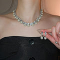 French Vintage Faux Pearl Rhinestone Rhombus Necklace Earrings Jewelry Set For Women view 3
