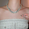 French Vintage Faux Pearl Rhinestone Rhombus Necklace Earrings Jewelry Set For Women view 1