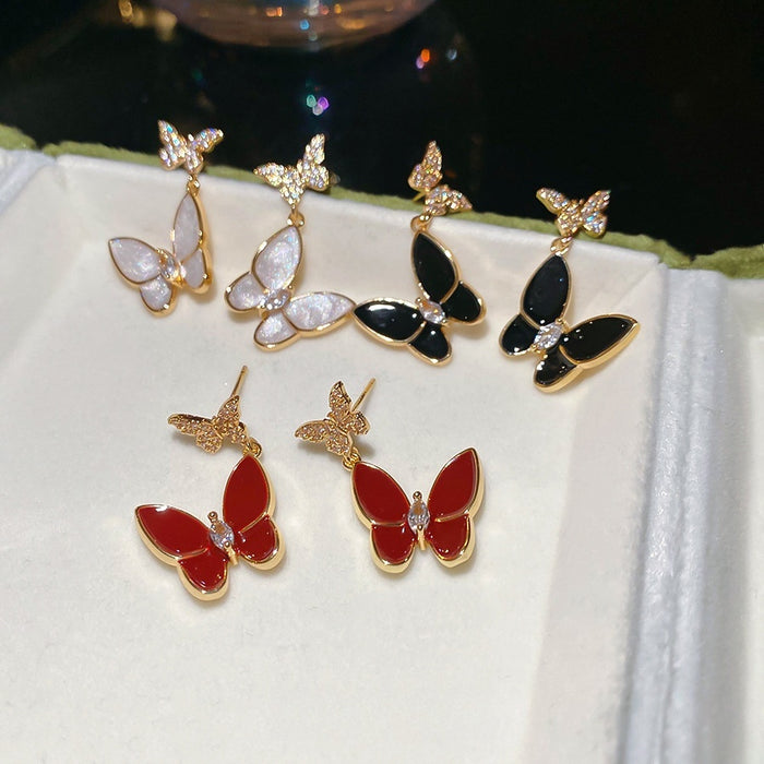 Copper Zircon Enamel Butterfly Stud Earrings For Women French Sweet Light Luxury Elegant Jewelry