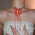 Bow Crystal Beaded Tassel Collarbone Necklace Sweet Cool Niche Design Light Luxury Jewelry view 1