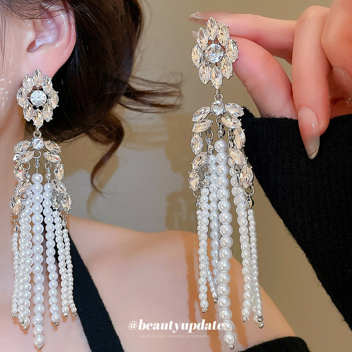 Light Luxury Rhinestone Flower Faux Pearl Tassel Drop Earrings With Silver Needle Studs