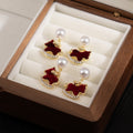 Vintage Red Enamel Rocking Horse Pearl Stud Dangle With Gold Alloy Rhinestone Charm Earrings view 2