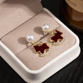 Vintage Red Enamel Rocking Horse Pearl Stud Dangle With Gold Alloy Rhinestone Charm Earrings view 3