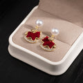 Vintage Red Enamel Rocking Horse Pearl Stud Dangle With Gold Alloy Rhinestone Charm Earrings view 4