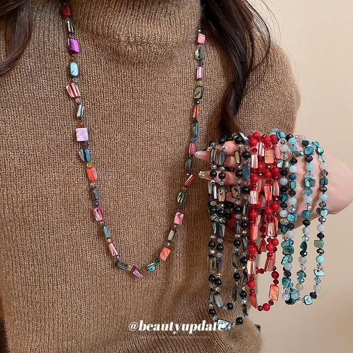 Ethnic Bohemian Artificial Crystal Shell Beaded Layered Sweater Necklace With Irregular Geometric Choker Design