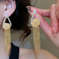 Gold Plated Copper Zircon Flower Tassel Drop Earrings With Silver Posts Old Money Style view 1