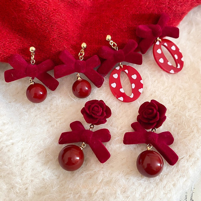 Red Flocked Bow Flower Stud Earrings With Silver Pins, Sweet Light Luxury Fashion Jewelry