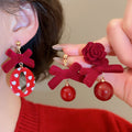 Red Flocked Bow Flower Stud Earrings With Silver Pins, Sweet Light Luxury Fashion Jewelry view 2