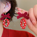 Red Flocked Bow Flower Stud Earrings With Silver Pins, Sweet Light Luxury Fashion Jewelry view 4