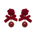 Red Flocked Bow Flower Stud Earrings With Silver Pins, Sweet Light Luxury Fashion Jewelry view 5