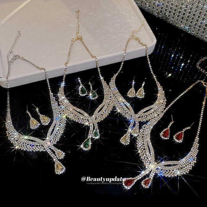 Iron Rhinestone Teardrop Tassel Stud Earrings Necklace Jewelry Set For Women Light Luxury Court Style