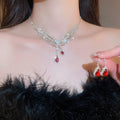 Iron Rhinestone Teardrop Tassel Stud Earrings Necklace Jewelry Set For Women Light Luxury Court Style view 4
