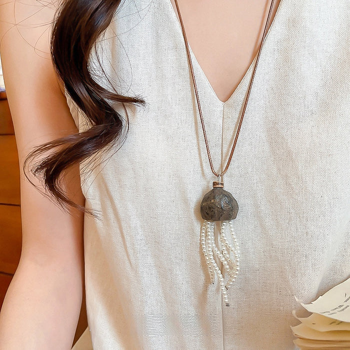 New Chinese Ethnic Faux Pearl Round Geometric Tassel Sweater Necklace For Women