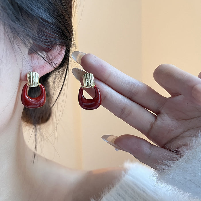 Vintage Luxury Red Acrylic Hoop Drop Alloy Geometric Statement Earrings