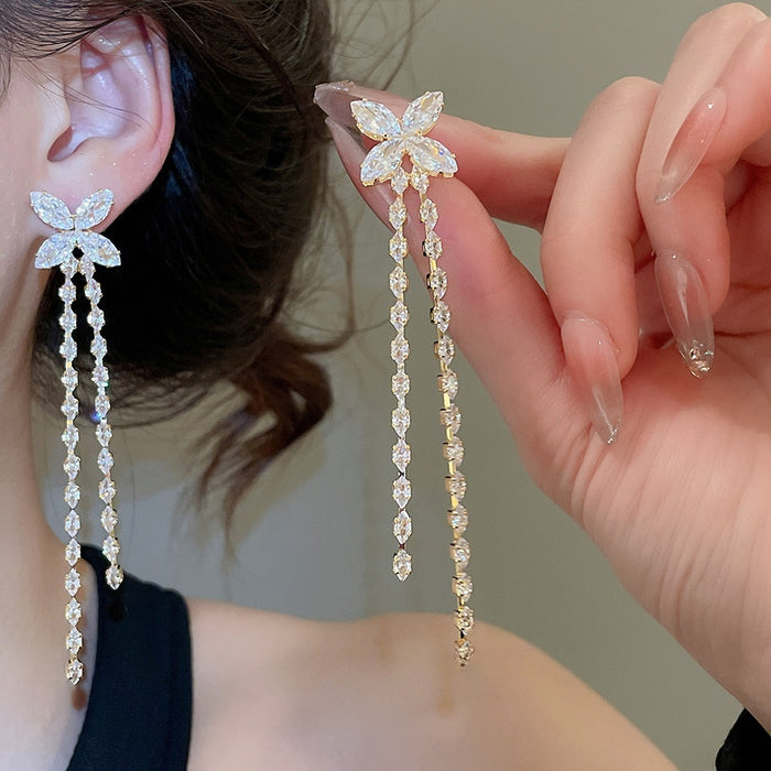 Gold Plated Copper Zircon Flower Tassel Drop Earrings With Silver Pins Light Luxury Women's Jewelry