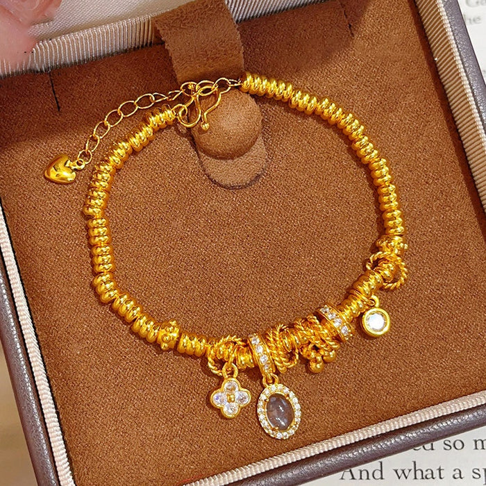 24K Sand Gold Plated Copper Oval Flower Bangle French Vintage Light Luxury Bracelet
