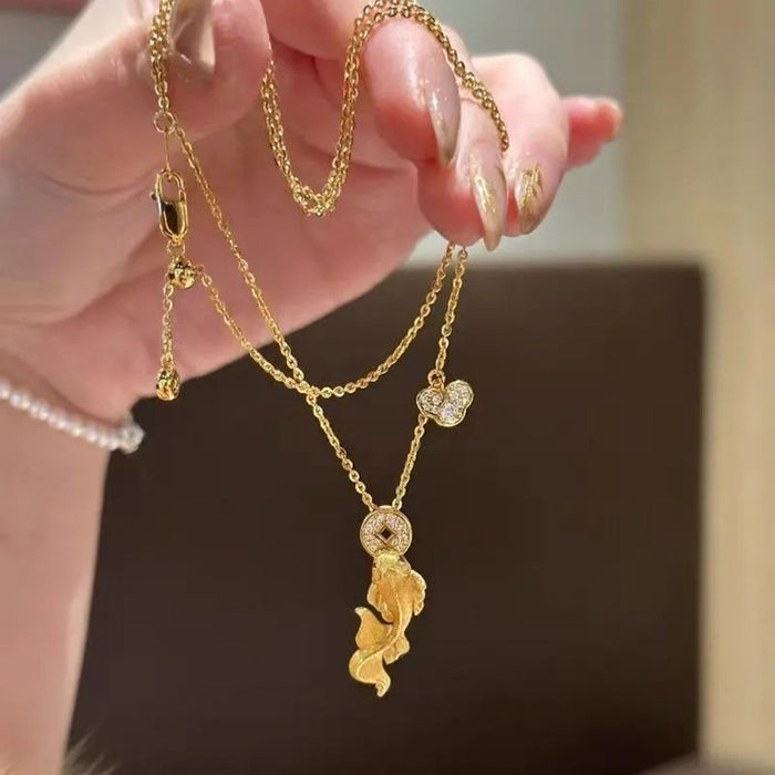 24K Gold Plated Copper Koi Fish Zircon Coin Necklace, New Chinese Retro Luxury Collarbone Chain