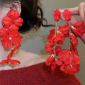 Bridal Red Fabric Flower Faux Pearl Stud Earrings With Silver Pins Vintage Sweet Statement Jewelry view 1