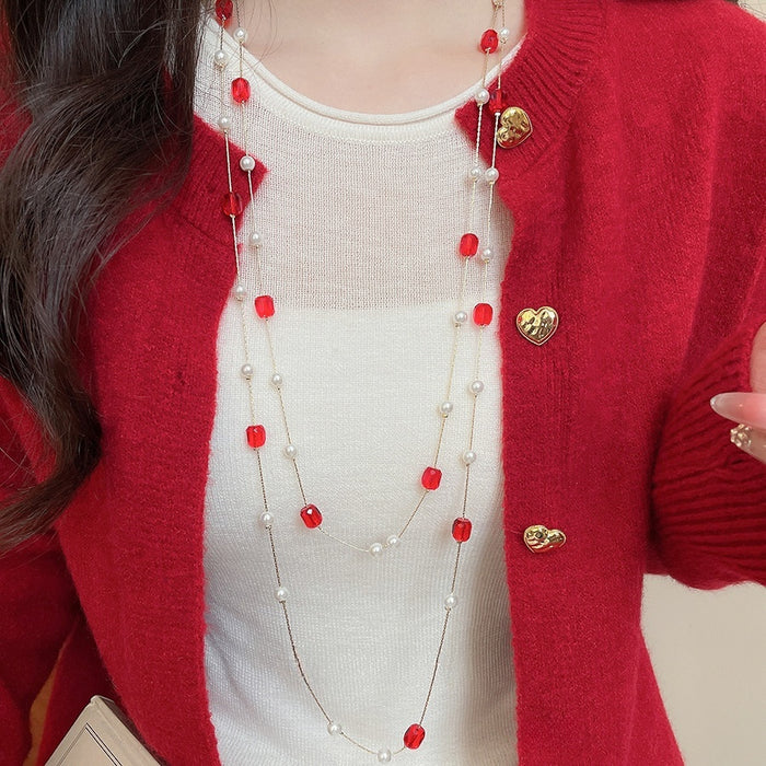 Light Luxury Faux Pearl Crystal Beaded Layered Sweater Necklace, Vintage Geometric Round Design