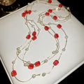 Light Luxury Faux Pearl Crystal Beaded Layered Sweater Necklace, Vintage Geometric Round Design view 2