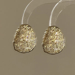 Gold Plated Metal Zircon Oval Stud Earrings, Vintage European Geometric Luxury Jewelry