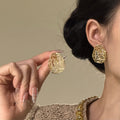Gold Plated Metal Zircon Oval Stud Earrings, Vintage European Geometric Luxury Jewelry view 2