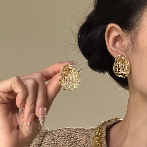 Gold Plated Metal Zircon Oval Stud Earrings, Vintage European Geometric Luxury Jewelry