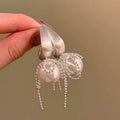 Chic Faux Pearl Bow Square Stud Earrings With Silver Pins, Geometric Light Luxury Women's Jewelry view 1