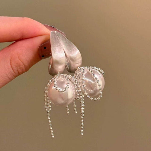 Chic Faux Pearl Bow Square Stud Earrings With Silver Pins, Geometric Light Luxury Women's Jewelry