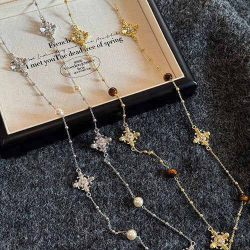 Vintage Maillard Faux Pearl Sweater Necklace With Rhinestone Tiger Eye Cross Pendant