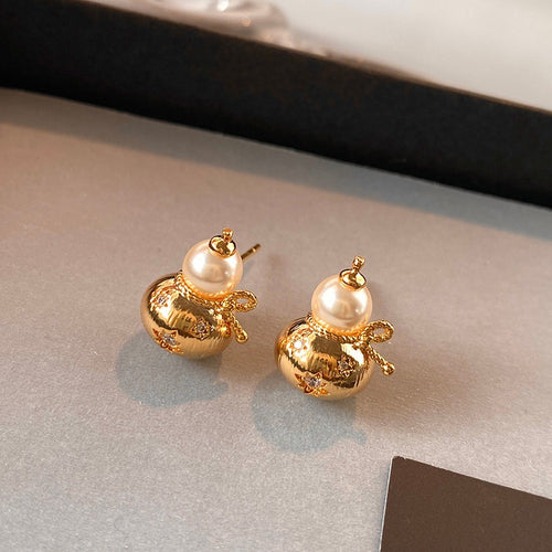 Light Luxury New Chinese Gourd Faux Pearl Stud Earrings With Rhinestone Silver Needle Retro Design