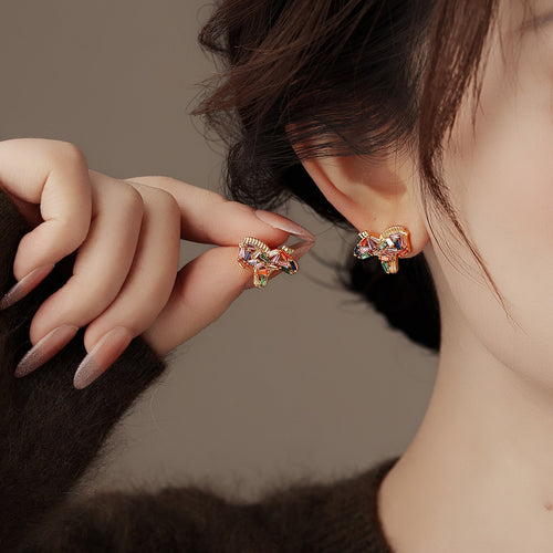 Gold Plated Copper Horse Zircon Stud Earrings With Silver Posts, Light Luxury Zodiac Jewelry