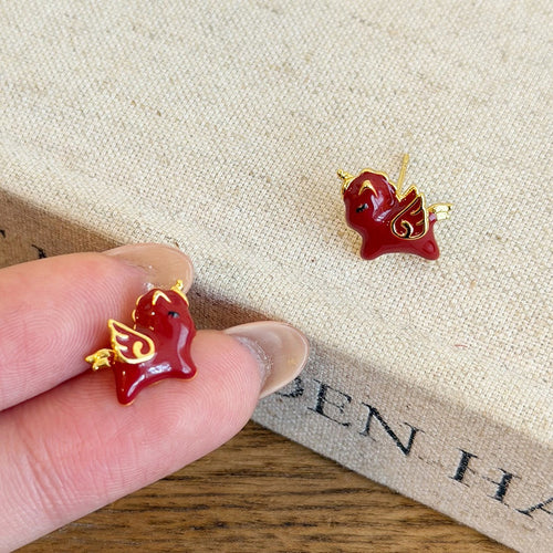 Gold Plated Copper Red Enamel Horse Stud Earrings With Silver Pins Vintage Light Luxury Zodiac Jewelry