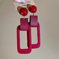 Red Flocked Leather Rectangle Drop Earrings With Resin Geometric Vintage Statement Style view 2