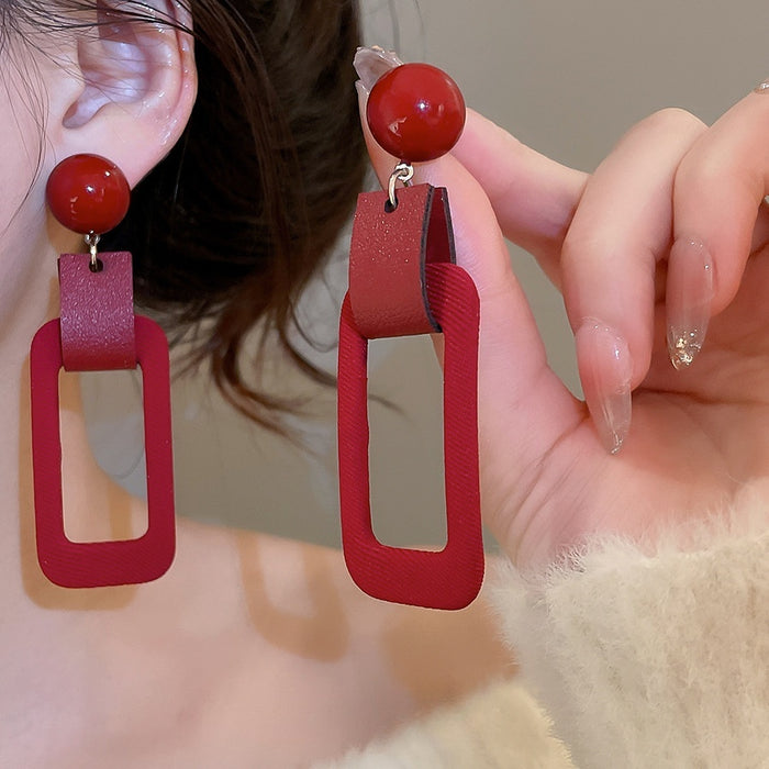 Red Flocked Leather Rectangle Drop Earrings With Resin Geometric Vintage Statement Style