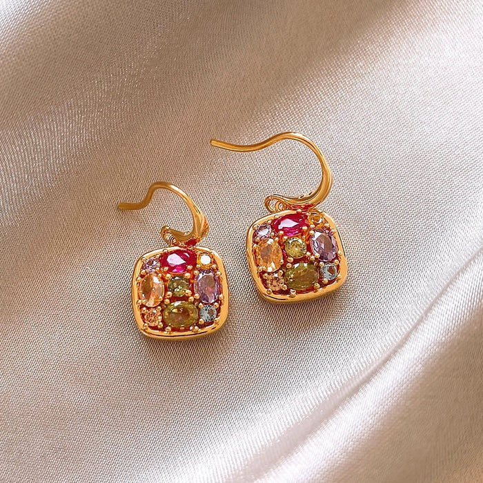 18K Gold Plated Copper Square Zircon Colorful Gemstone Drop Earrings For Women