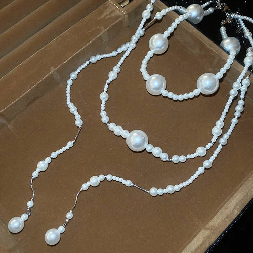 French Vintage Layered Faux Pearl Sweater Necklace Old Money Elegant Geometric Round Pendant For Women