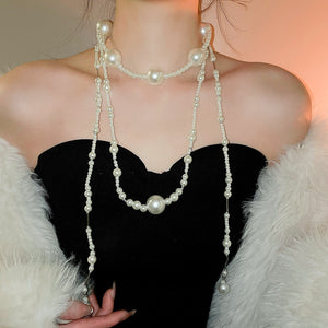 French Vintage Layered Faux Pearl Sweater Necklace Old Money Elegant Geometric Round Pendant For Women
